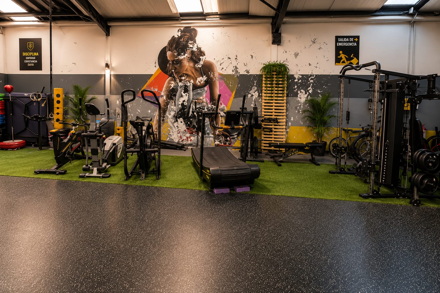 Interior de Evolution Fitness con equipamiento ordenado y ambiente de entrenamiento real