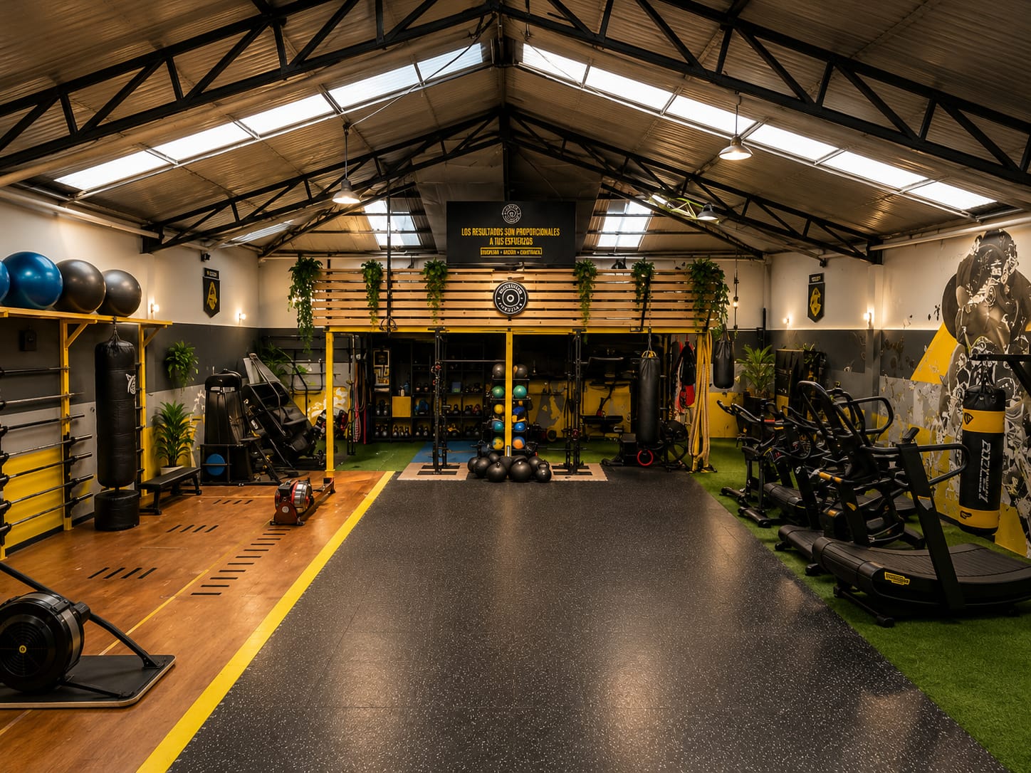 Interior completo del gimnasio Evolution Fitness preparado para entrenamiento con método y dirección técnica