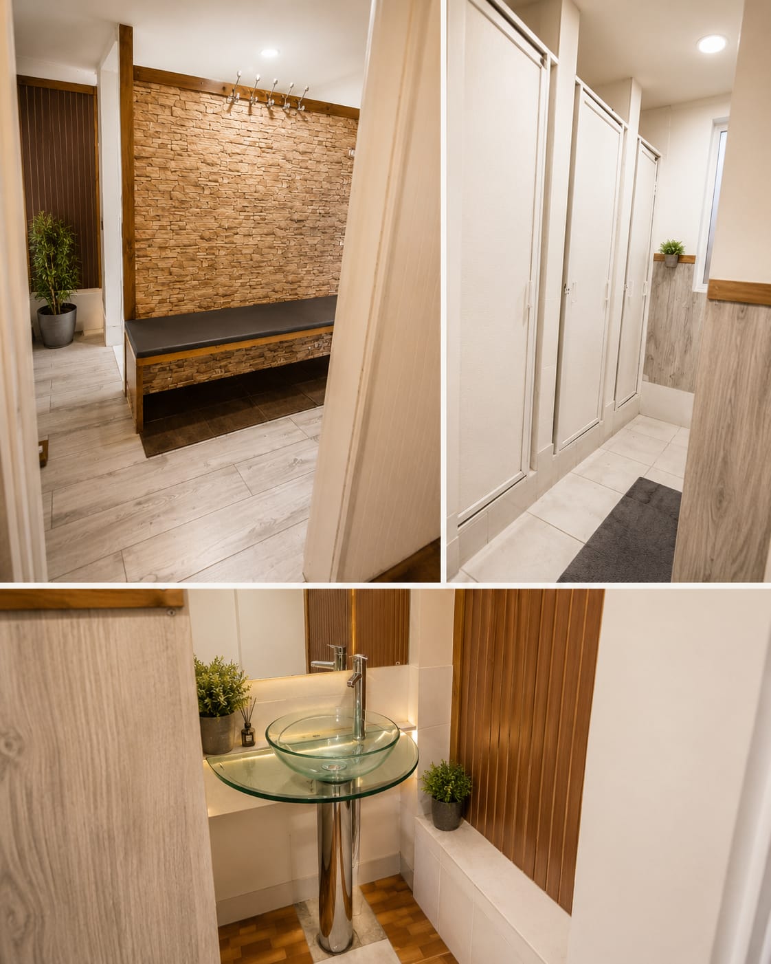 Camarines de Evolution Fitness con bancas, lockers y zona de preparación