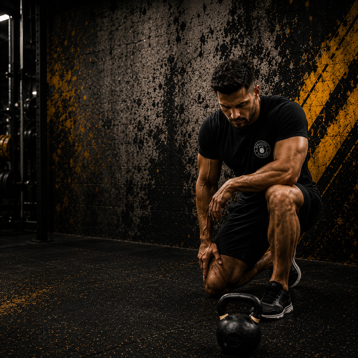 Atleta de Evolution Fitness junto al muro urbano y kettlebell como apoyo visual del Sistema S.H.E.