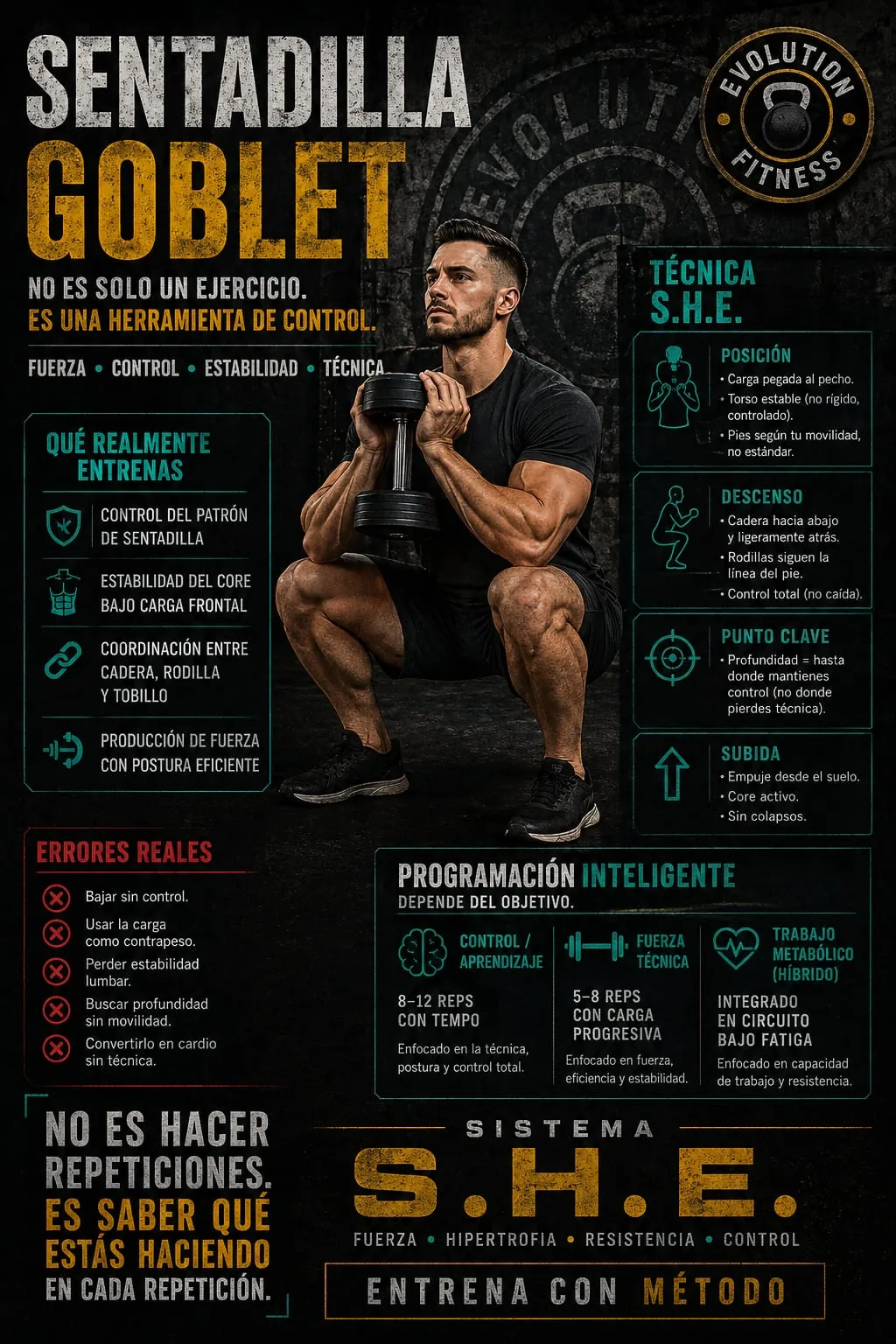 Pieza educativa completa sobre sentadilla goblet, técnica antes que carga
