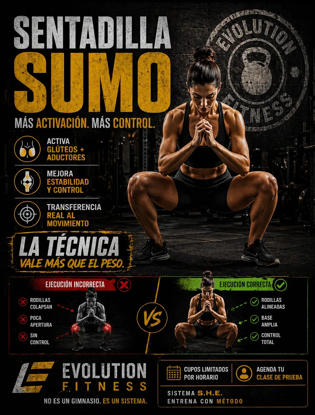 Pieza educativa completa sobre sentadilla sumo y control del movimiento