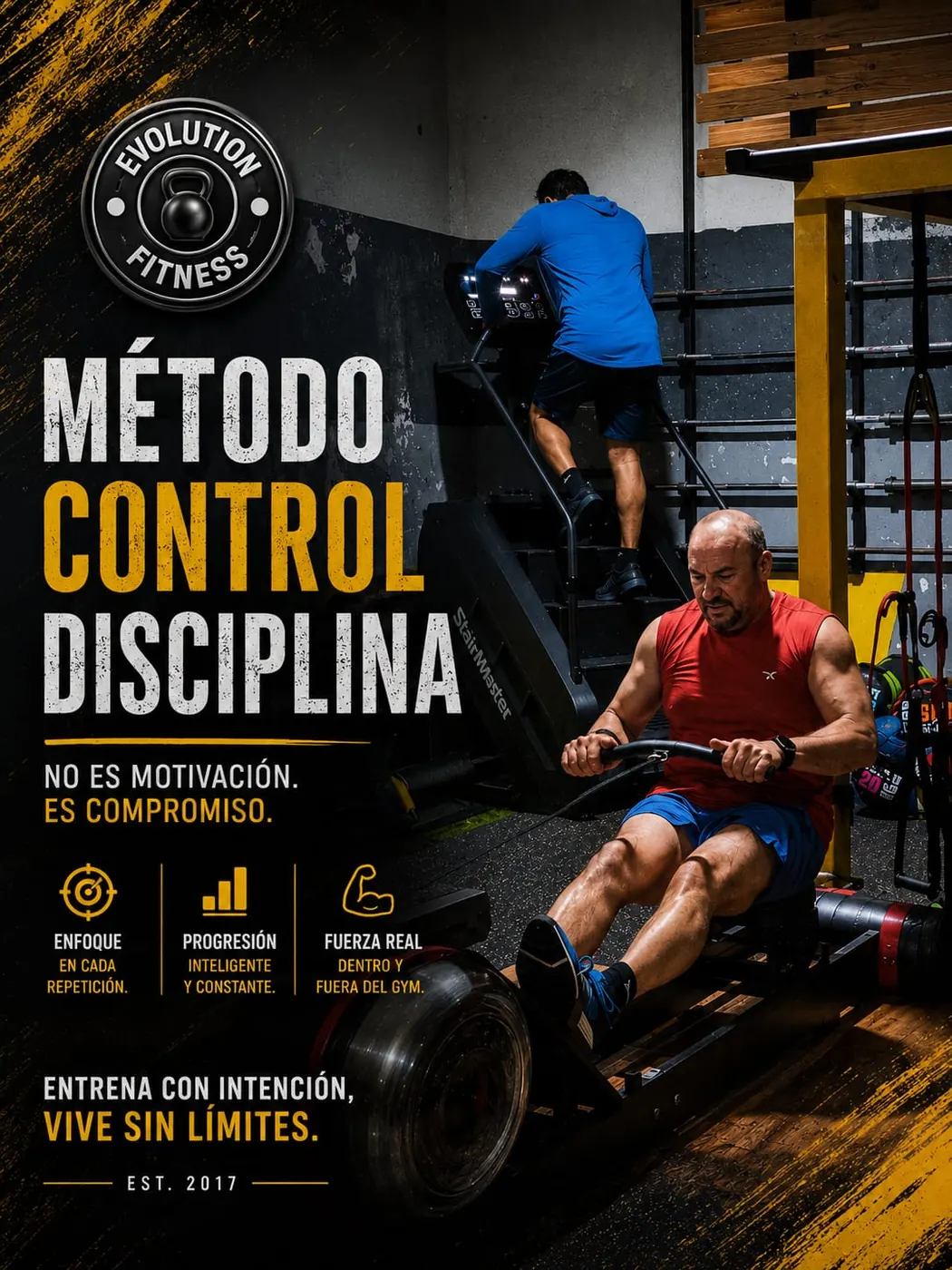 Pieza visual sobre método, control y disciplina en Evolution Fitness
