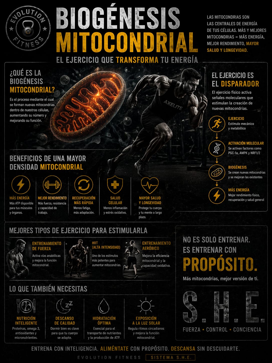 Pieza educativa del Sistema S.H.E. sobre biogénesis mitocondrial y energía